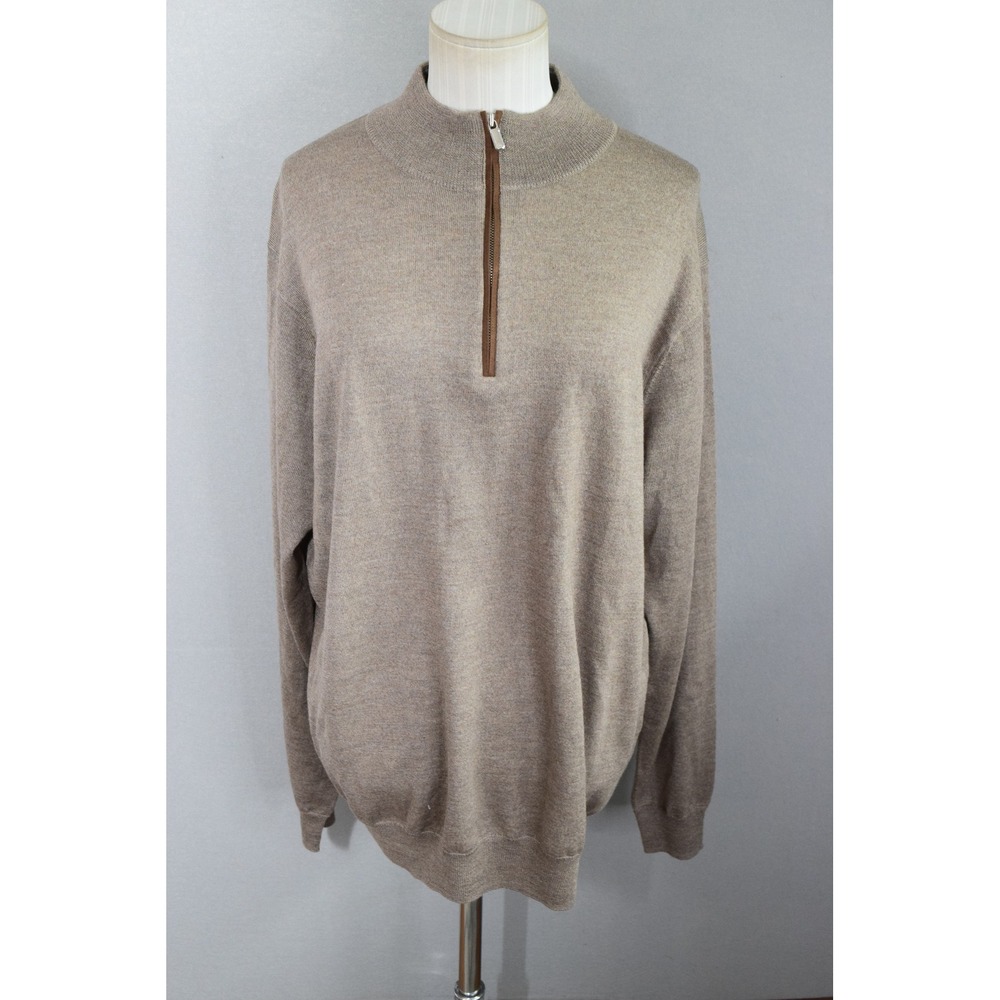 Peter Millar 1/4 Zip Sweater Large Taupe Merino Wool Lyocell Mens Pullover Golf